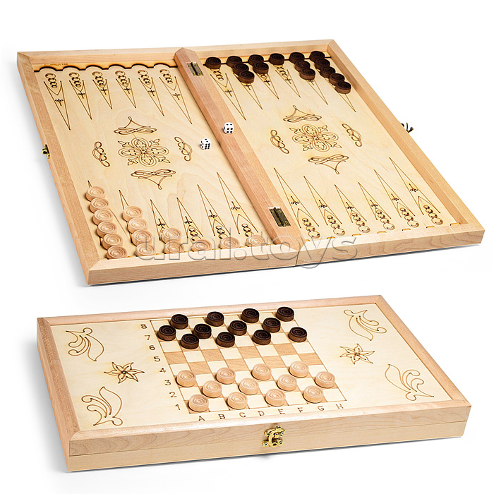 Нарды деревянные средние (рисунок-выжигание, фишки-дерево, лак) 500х250мм