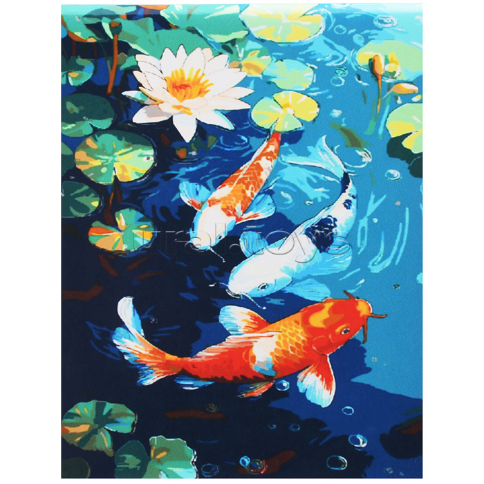 Холст с красками 30x40 по номерам "Красивые рыбки в пруду" в коробке (30цв.)