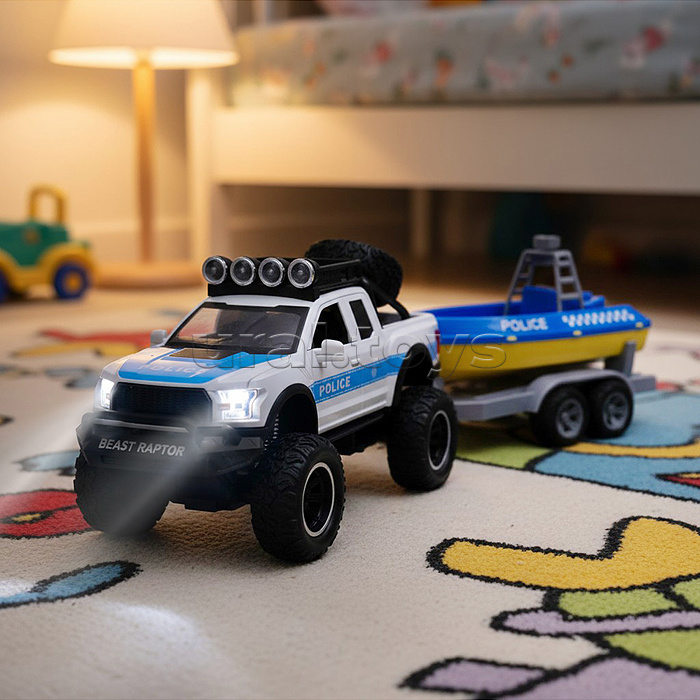 Машина "Пикап полицейский" (свет, звук) с катером, в коробке