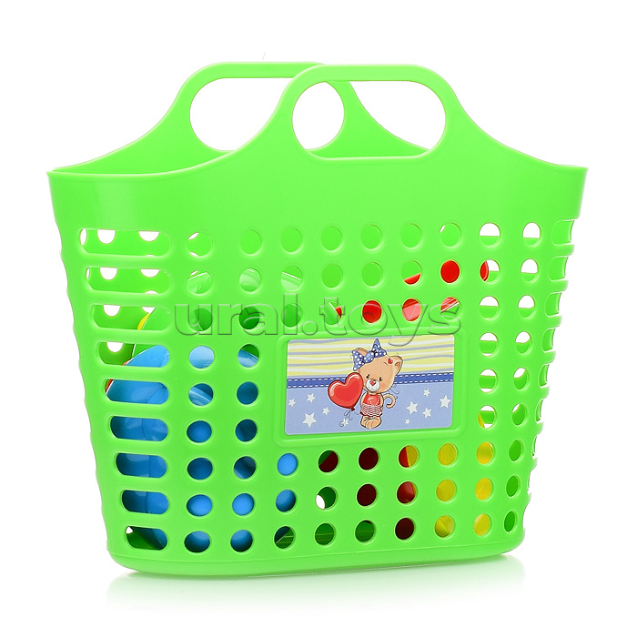 Песочный набор в корзинке "Садовый " ( 4 формочки, совок, грабли, леечка )