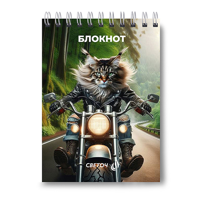 Блокнот A6 80л. клетка "Пушистый байкер" на гребне, выборочный лак