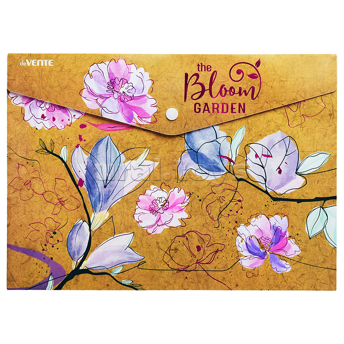 Папка-конверт на кнопке A4 "Bloom Garden" (330x235 мм) 180 мкм, фактура крафт-имитация с рисунком, тиснение фольгой, индивидуальная маркировка