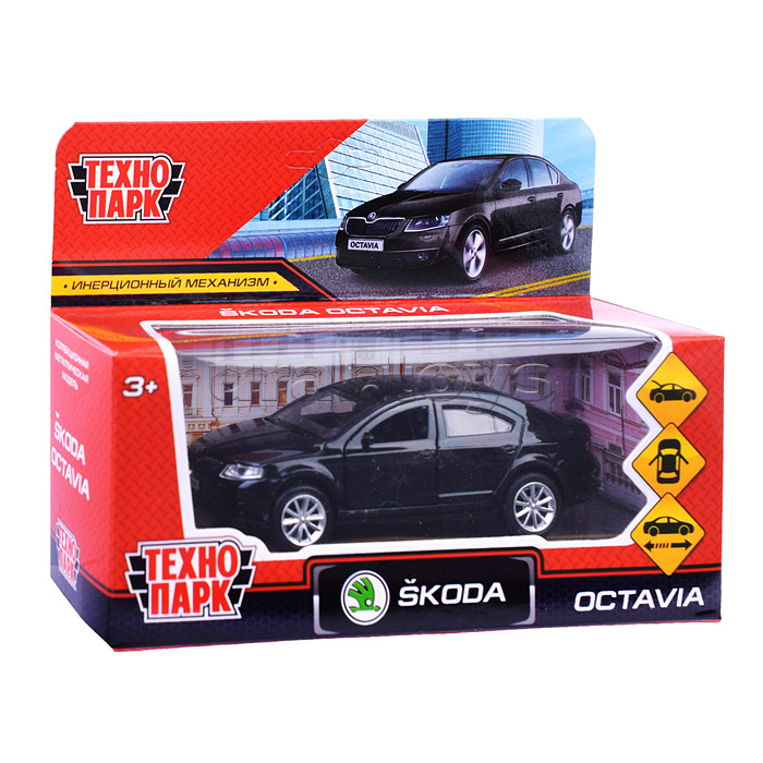 Машина металл Skoda Octavia 12 см, (двери, багаж, черный) инерц. в коробке