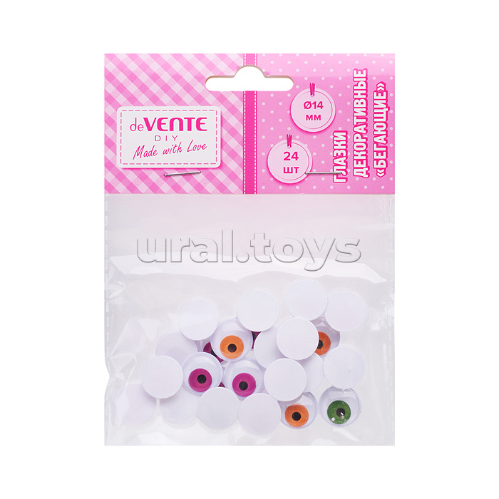 Глазки декоративные 24 шт, 14 мм, круглые пластиковые, самоклеящиеся, с подвижной вставкой, ассорти цветов в пластиковом пакете с блистерным подвесом
