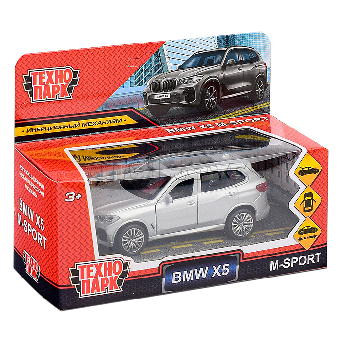 Машина металл BMW X5 M-SPORT 12 см, (двери, багаж, серебристый) инерц, в коробке