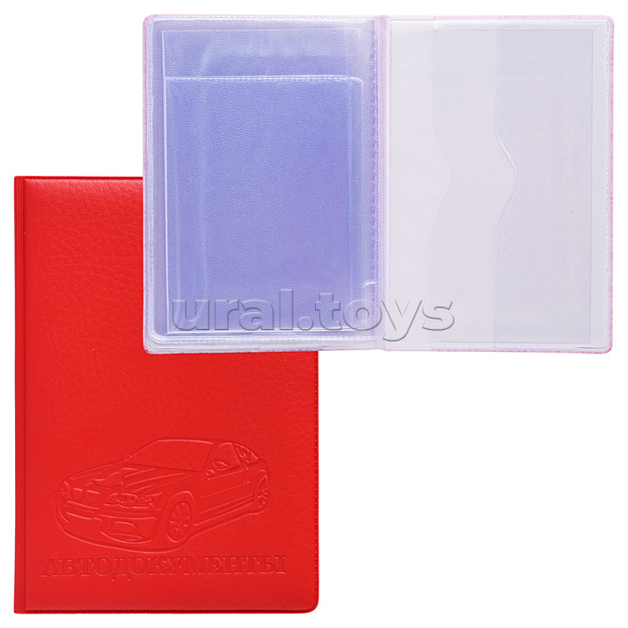 Обложка для авто документов "Attomex" 93x133 мм, матовая эко кожа, с конгревным тиснением, с двойным ПВХ клапаном, с вкладышами разного размера, красная, пухлая, индивидуальная упаковка