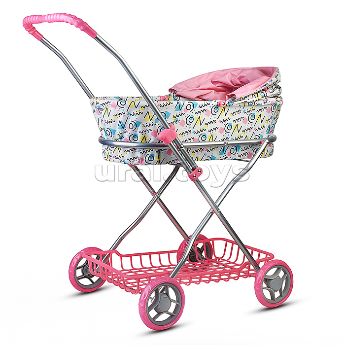 Коляская кукольная прогулочная, металлическая, складная, с корзиной и сумкой