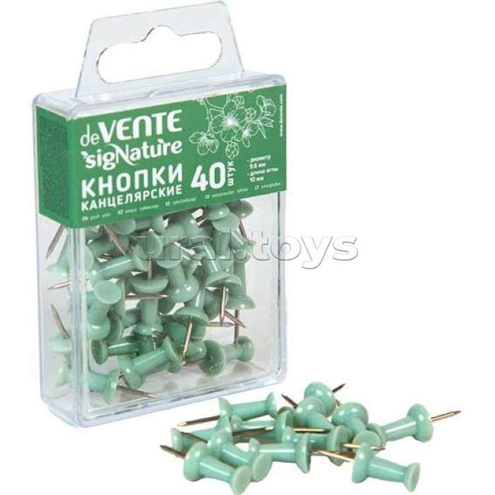 Кнопки канцелярские силовые "SigNATURE" диаметр 9,6 мм, с иглой серебристого цвета, в форме гвоздика, 40 шт в пластиковой коробке, цвет оливковый