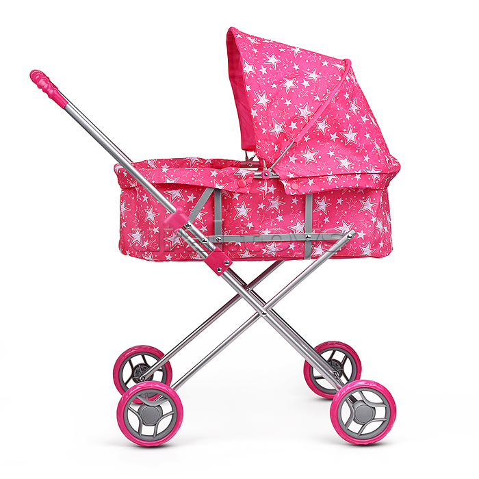 Коляска для кукол металлическая, складная, прогулочная с капюшоном, цвет звёзды на розовом
