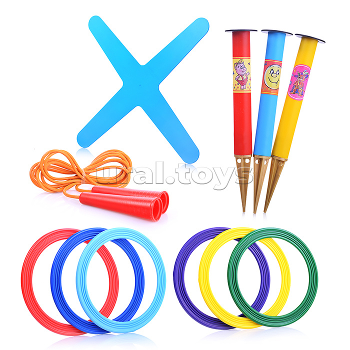 Игровой набор 3 в 1 "Лето в движении" (мини) -  кольцеброс для игры на улице (3 стойки, 6 колец), скакалка 2,8м., бумеранг Моно четырехлопастной