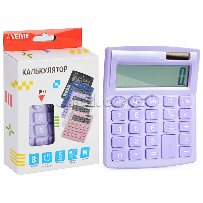 Калькулятор настольный, 105x127x21 мм, 8 разрядный, автоматическое вычисление квадратного корня, процентов, функция смены знака, работа с памятью, двойное питание, автоматическое отключение, прорезиненные ножки, пастельный сиреневый, в картонной коробке D