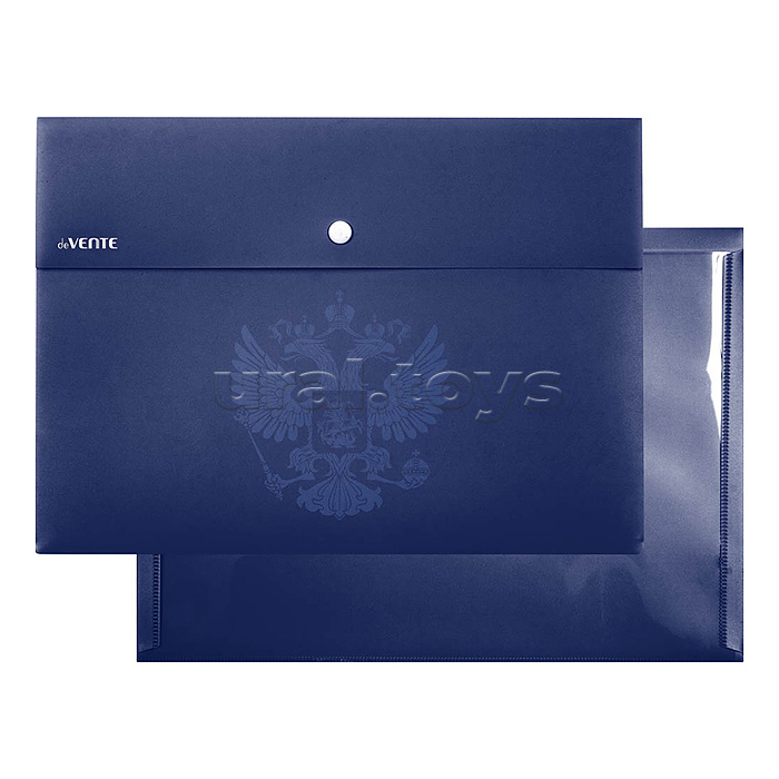 Папка-конверт на кнопке "Герб"  A4 (320x230 мм) 350 мкм, фактура "песок" выборочный лак, внешний карман 180 мм, индивидуальная маркировка, темно-синяя