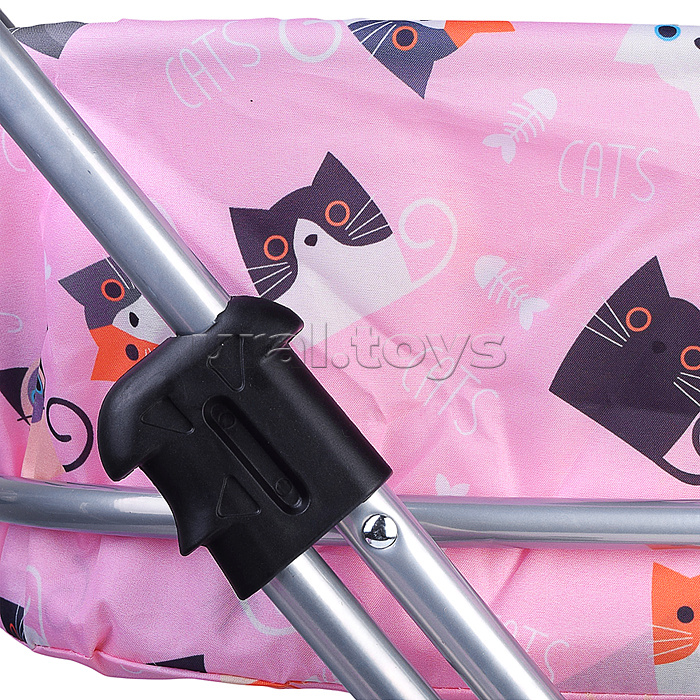 Коляская кукольная прогулочная,металлическая, складная, с корзиной и сумкой, принт коты