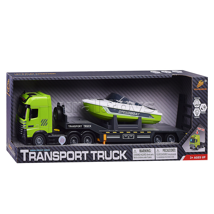 Машина PY8515A "Транспортный грузовик с моторной лодкой" (свет, звук), в коробке