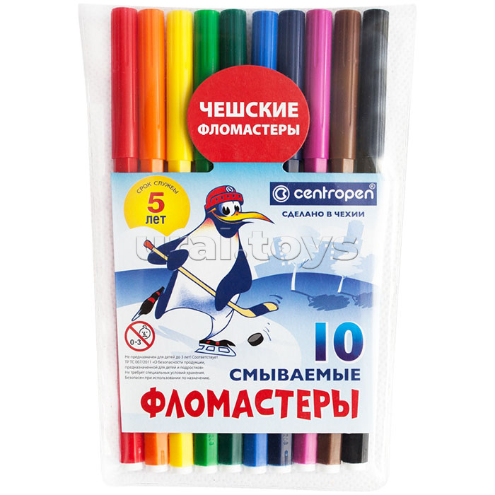 Фломастеры "Пингвины", 10цв., смываемые, ПВХ