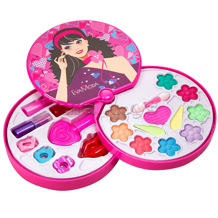 Набор детской декорат. косметики Eva Moda, BOX 26,8х25х4,8см, косметичка-диск 2-уровневая с зеркальцем, тенями для век (11 оттенков; 7,8г), блеском для губ (0,6г), лаком для ногтей (8г), помадами (3 цвета; 2,4г) и 3-мя заколками