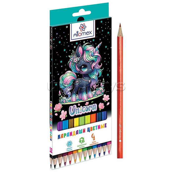 Карандаши цветные "Unicorn" 12 цветов, М, диаметр грифеля 2,65 мм, шестигранные, в картонной коробке