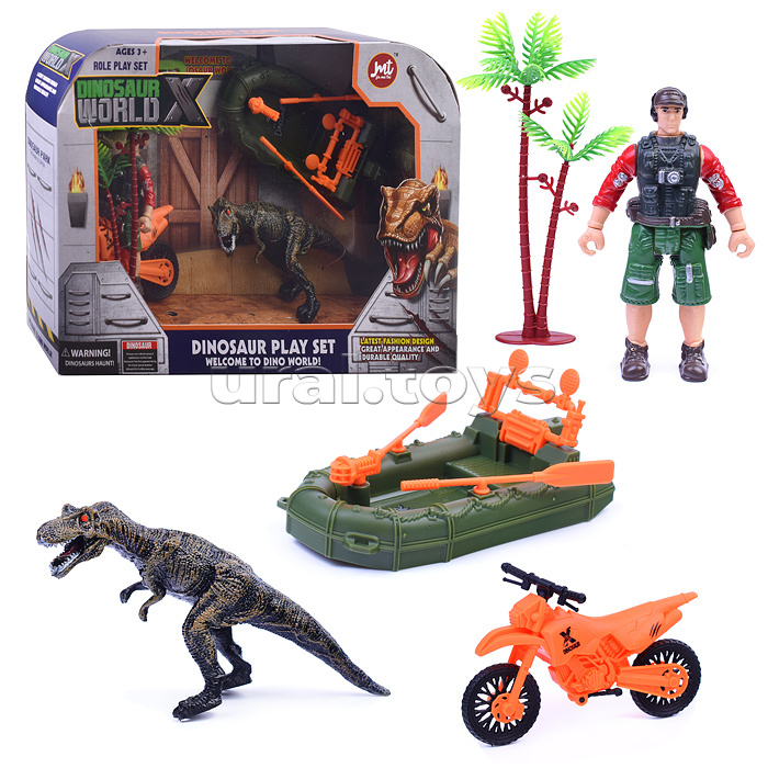 Набор динозавров "Юрский период" с фигуркой, динозавром, мотоциклом и лодкой в коробке