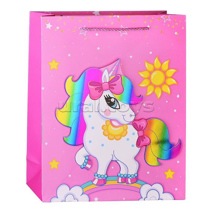 Пакет подарочный "Единорог на радуге" 26х32х10 см, 3D