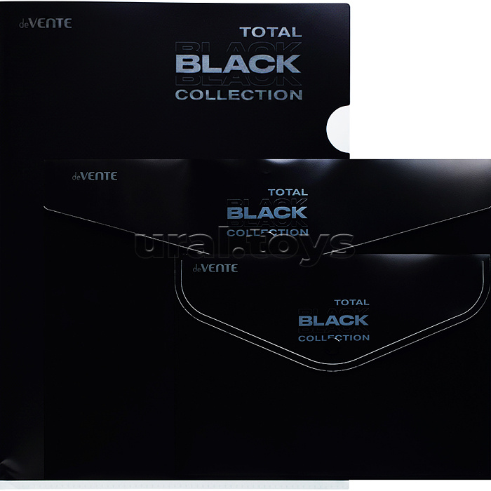 Набор папок "TOTAL BLACK" A4 (330x235 мм) 180 мкм, 3 папки, состав набора: папка-конверт на кнопке A4 (330x235 мм), папка-конверт на кнопке А5 (240x180 мм), папка-уголок A4 (220x310 мм), с дизайном, в пластиковом пакете