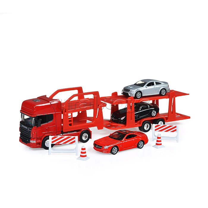 Набор 1:64, Грузовик Scania V8 R730 с тремя легковыми машинками Набор 1:64, Грузовик Scania V8 R730 с тремя легковыми машинками