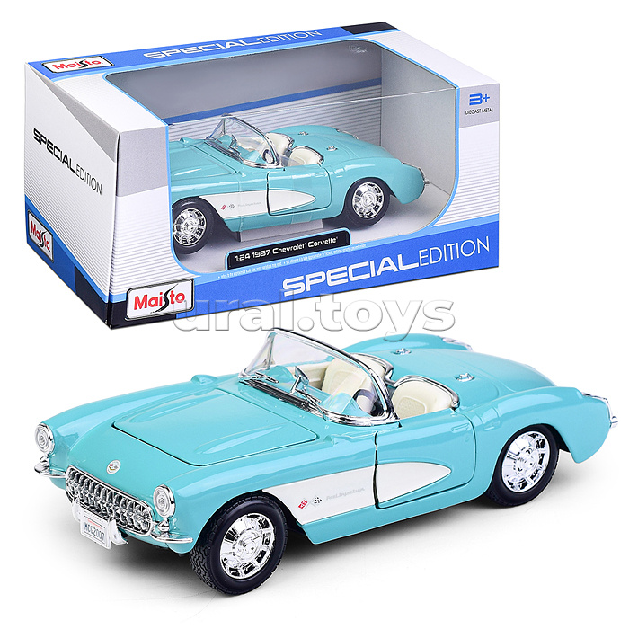 Машинка die-cast 1957 Chevrolet Corvette, 1:24, бирюзовая, открывающиеся двери