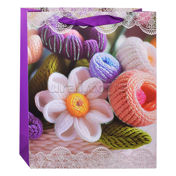 Пакет подарочный "Вязаные цветы" 26x10x32 см, 3D