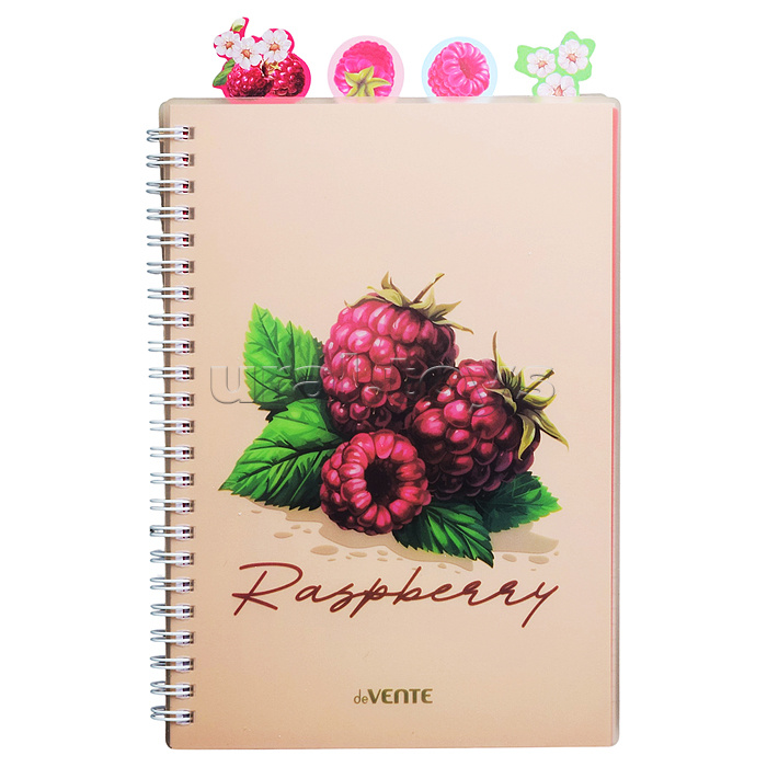 Тетрадь 80л. клетка "Fruits. Raspberry" с разделителями А5 (145x208 мм) белая бумага 70 г/м² пластиковая обложка на гребне, цветная печать, 4 пластиковых разделителя с фигурной вырубкой и дизайном