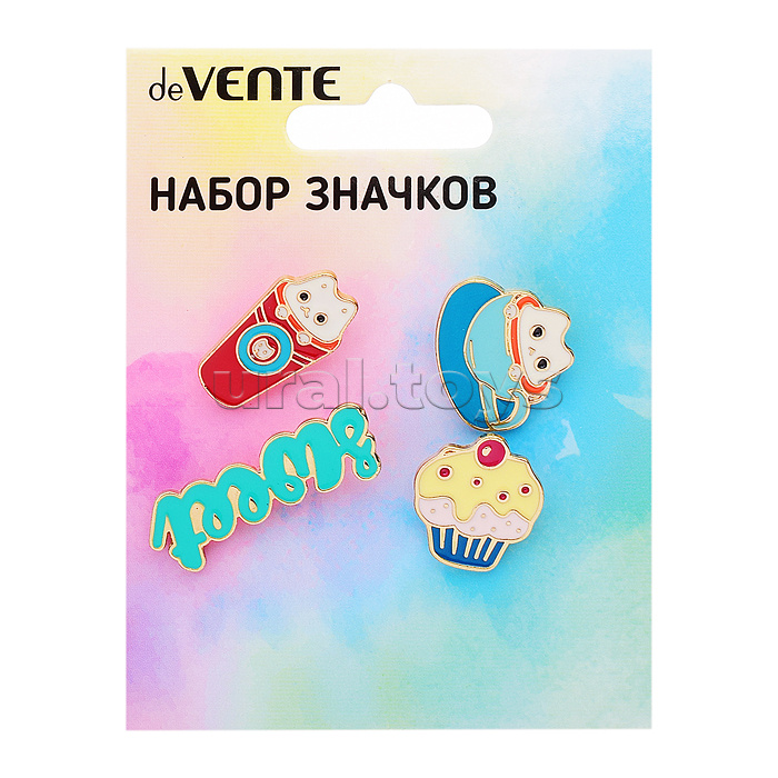 Набор значков "Sweetie!" эмалированные, размер изделий: кот 2,2x1,9 см, кот в чашке 1,2x2,4 см, Sweet 3x1 см, пирожное 1,7x1,9 см на карточке 7,0x9,5 см с пластиковым пакетом