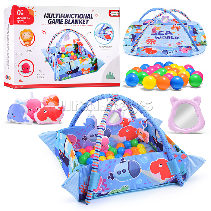 Детский развивающий коврик "Морские жители" с бортиками и шариками, в коробке