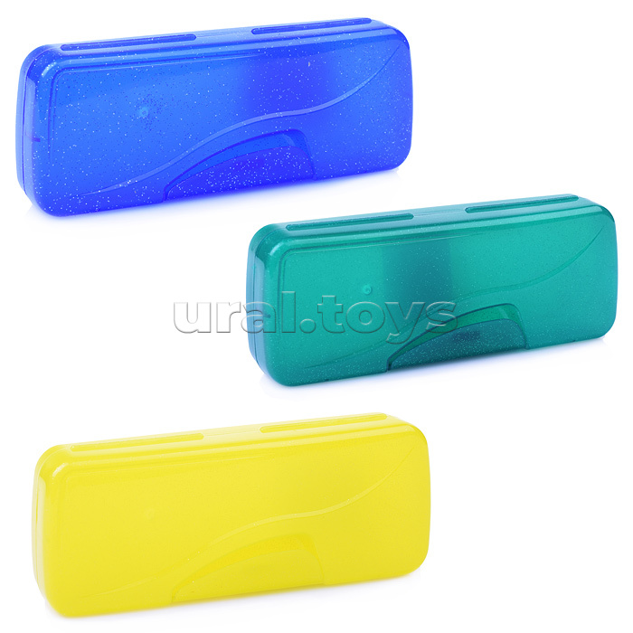 Пенал пластиковый, цветной прозрачный с блестками, 3 цвета МИКС