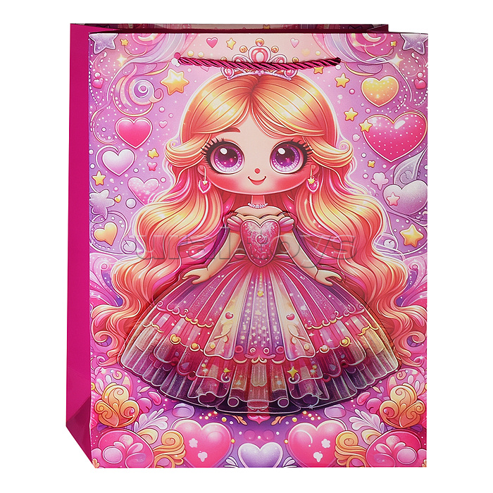 Пакет подарочный бумажный "Princess" вертикальный, размер 26x32x10 см, тиснение фольгой 3-d, бумага 210 г/м², ассорти 4 дизайна