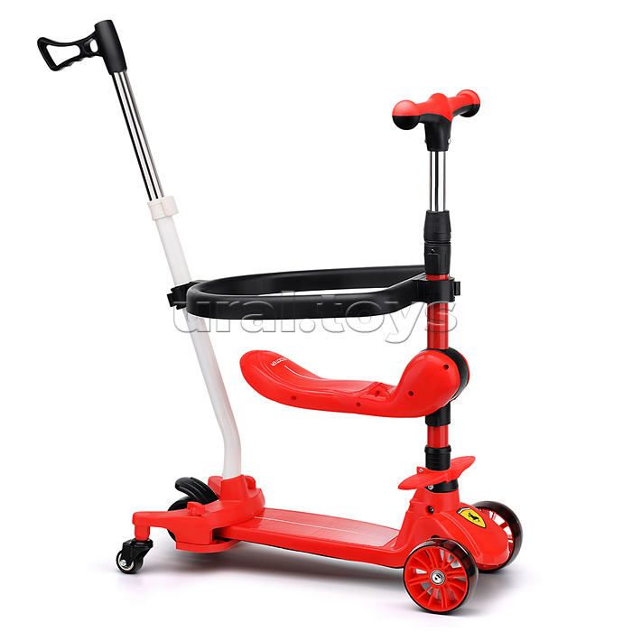 Самокат 3-х. кол., с сиденьем, ограничителем и родительской ручкой, колеса PU, красный, в коробке