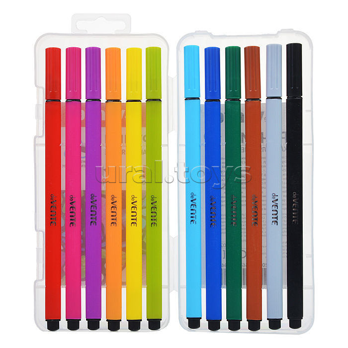 Набор ручек капиллярных "Trio BQ" 12 цветов, d=0,4 мм, с цветным трехгранным корпусом, колпачок БЕЗ КЛИПА, в пластиковой коробке