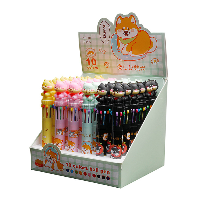 Ручка шариковая автоматическая "Собачка" 10-ти цветная, пулевидный пиш.узел 0.7мм, корпус пластиковый цветной, 6 дизайнов, картонный дисплей