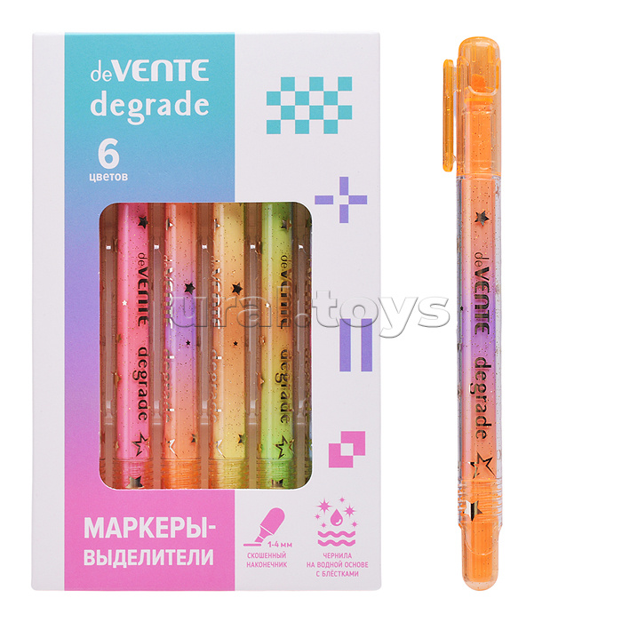 Набор маркеров-выделителей "Degrade" (06 цв. - оранж., желт., зел., гол., роз., капуч.) цвета с мерцающими блестками, круглый корпус, скошенный наконечник, ширина линии 1-4 мм, с клипом, в пластиковой коробке