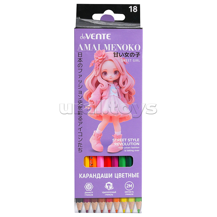 Карандаши цветные "Amai Menoko" 18 цветов, 2М, диаметр грифеля 2,8 мм, шестигранные, в картонной коробке