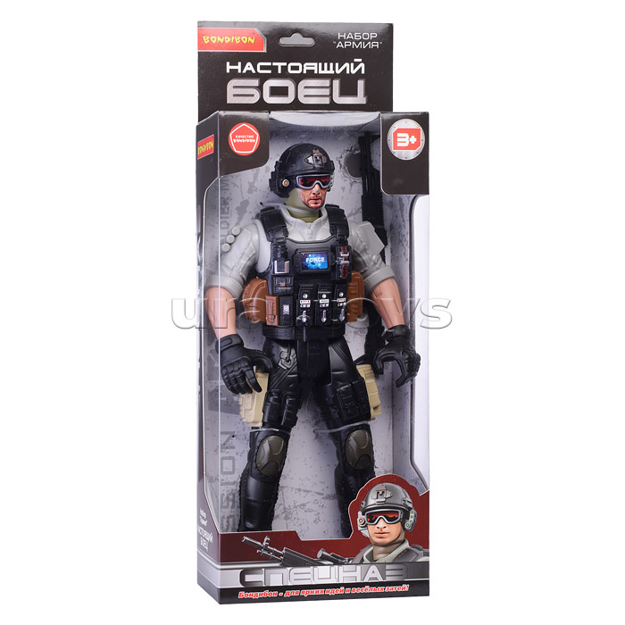 Солдат 31 см с оружием "Настоящий боец" BOX 40,5x15x6,5см, спецназовец в очках