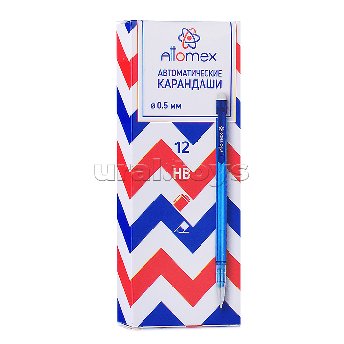 Карандаш автоматический "Attomex" d=0,5 мм, НВ, полупрозрачный корпус, с пластиковым держателем, с клипом, с ластиком, индивидуальная маркировка, синий корпус