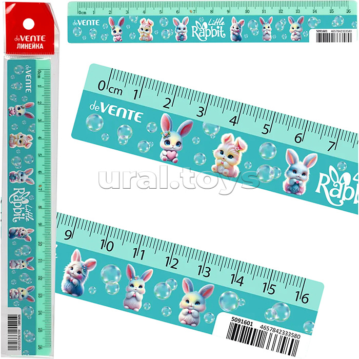 Линейка пластиковая "Little Rabbit" 16 см, с дизайном, с индивидуальной маркировкой, с цветным стикером