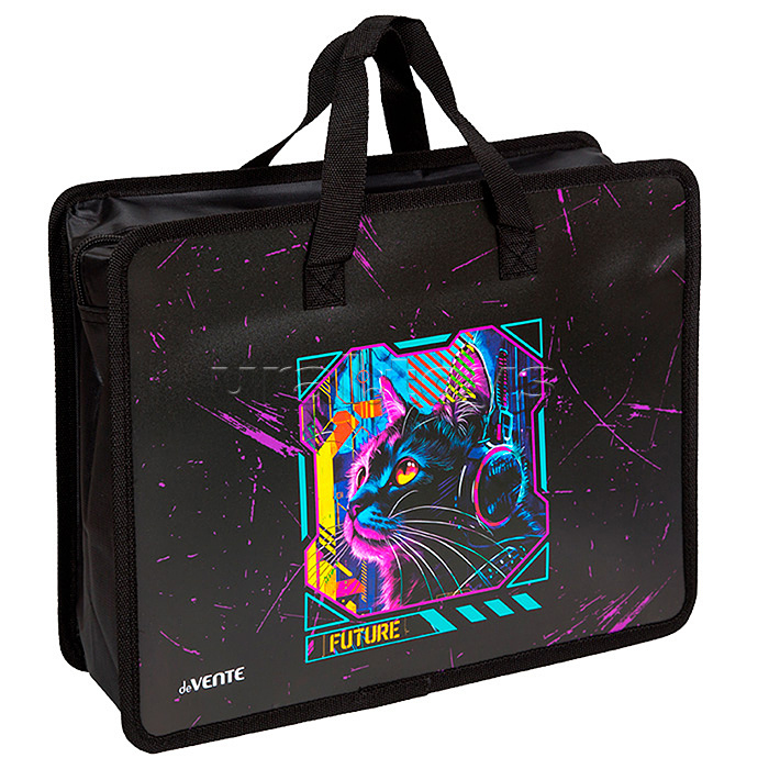 Папка для тетрадей, ИЗО и технологии "Label. Cyber Cat" A4 (33,5x26x10 см) с текстильным расширением 10 см, на молнии сверху, пластик 400 мкм, текстильные ручки, в пластиковом пакете Папка для тетрадей, ИЗО и технологии "Label. Cyber Cat" A4 (33,5x26x10 см) с текстильным расширением 10 см, на молнии сверху, пластик 400 мкм, текстильные ручки, в пластиковом пакете