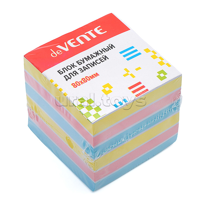 Куб бумажный для записей 80x80x80 мм цветной, проклеенный, офсет 80 г/м², 3 пастельных цвета и белый цвет, 11 слоев