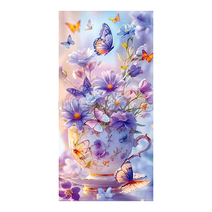 Конверт для денег без надписи (букет полевых цветов в чашке с блюдцем, бабочки)