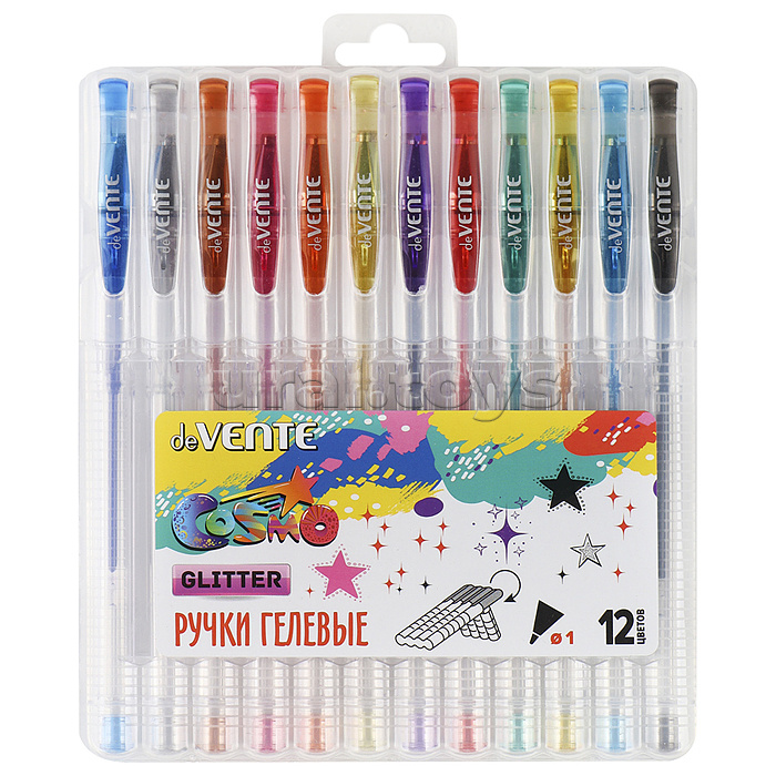 
Набор ручек гелевых "Cosmo Glitter" 12 цветов с блестками, d=1 мм, прозрачный корпус с металлическим наконечником, сменный стержень, в пластиковой коробке с подвесом