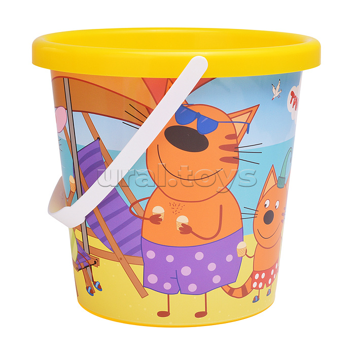 Песочный набор "Три кота" №14: Ведро с наклейкой, лопатка №5, грабельки №5, лейка малая №4