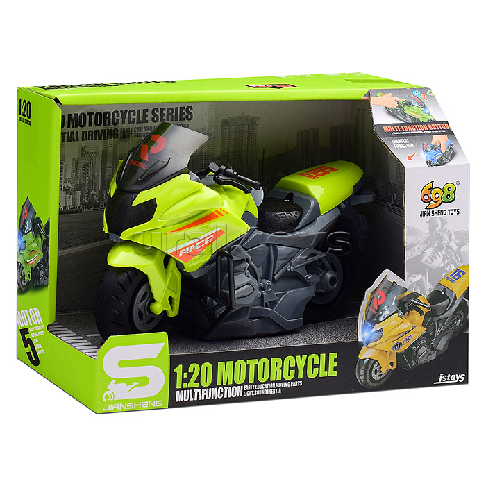 Мотоцикл "Спортивный" 1:20 (свет, звук) в коробке (цвет зеленый)