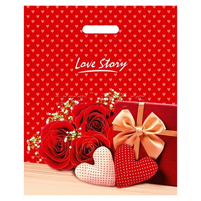 Пакет ПЭ с вырубной ручкой 38х47, 60мкм "Лав стори " ламинированный