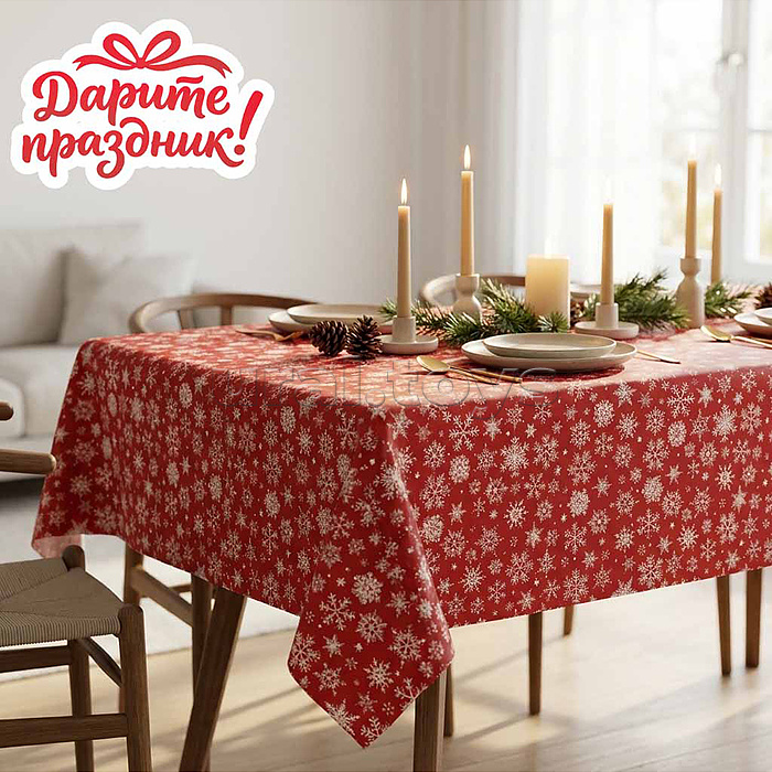 Скатерть "Снежинки" цвет красный, 137*274см