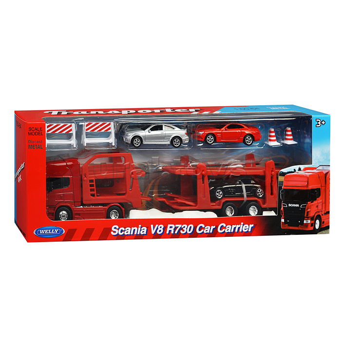 Набор 1:64, Грузовик Scania V8 R730 с тремя легковыми машинками Набор 1:64, Грузовик Scania V8 R730 с тремя легковыми машинками