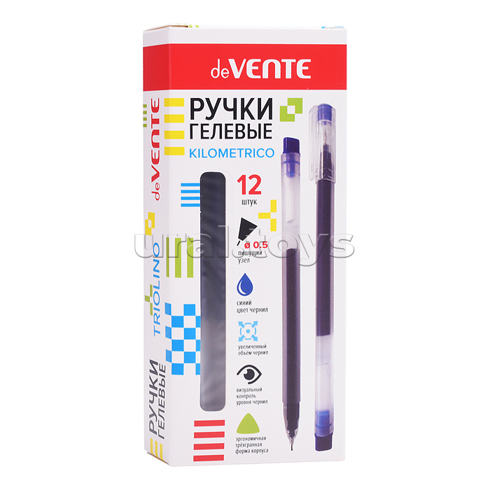 Ручка гелевая "Triolino. Kilometrico" d=0,5 мм, увеличенный объём чернил, длина 1000 м, трёхгранный прозрачный корпус, одноразовая, синяя